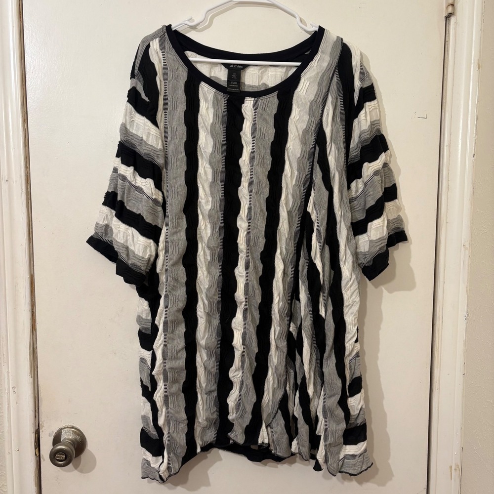 Ali Miles 3X Striped Abstract Textured Short Sleeve Top Black White Grey Grunge
